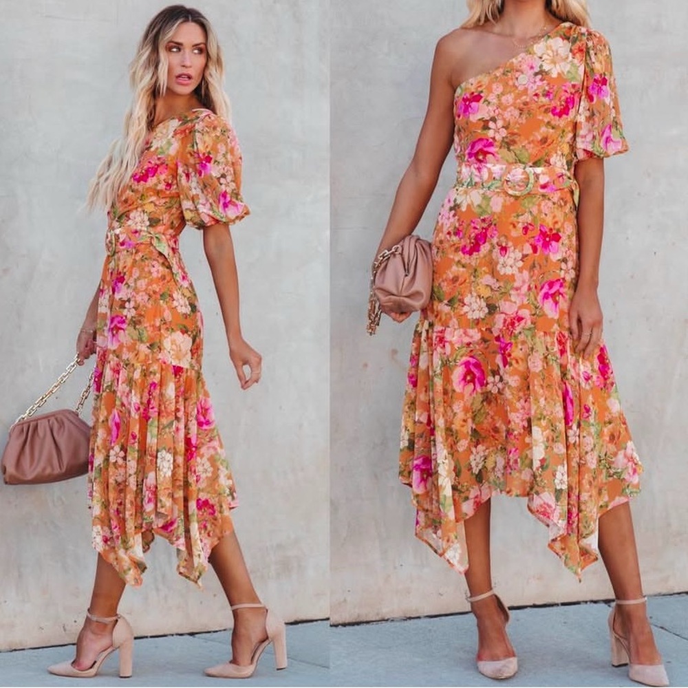 Vici Floral One Shoulder Midi Dress in Orange/Pink